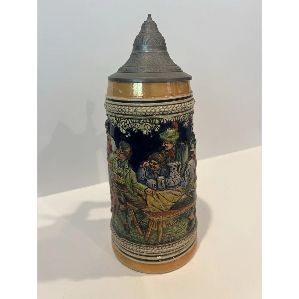 Vintage German Lidded Stein with Tavern Scene,‎ Ornate Handle & Lid, Breweriana